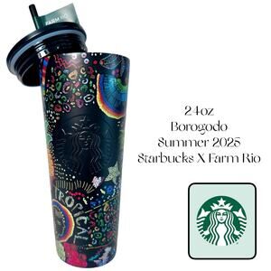 NEW STARBUCKS x FARM RIO 24oz Cold Tumbler Black Tropical Rainbow Art LE 2025